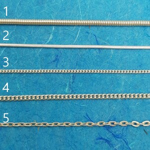 Op de afbeelding: Vijf verschillende zilveren kettingen, genummerd van 1 tot en met 5, worden weergegeven tegen een blauwe achtergrond. De kettingen zijn verticaal gerangschikt, waarbij de ketting bovenaan de dunste is en de ketting onderaan de dikste.