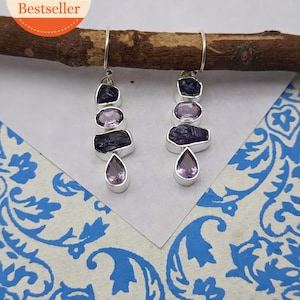 Handcrafted Sterling Silver Amethyst Earrings: Faceted & Raw Gemstone Boho Design