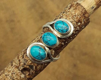 Natural Turquoise Gemstone Ring-925 Sterling Silver Ring-Triple Stone Ring-Handcrafted Bohemian Ring-Artisan Silver Ring-Gift  For Her Ring-