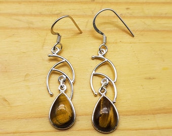 Boho Earring With Natural Tiger-Eye, Gemstone Earring Top Rare Stone Handcrafted Earring, 925 Sterling Silver Earring, Women, Gift For Her