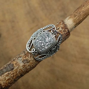 Druzy Gemstone Ring-925 Sterling Silver Ring-March Birthstone Ring-Silver Shine Druzy Ring-Statement Ring Boho-Designer Ring-Gift For Girl&#39;s