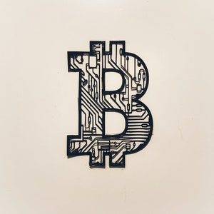 May include: A black and white Bitcoin symbol with a circuit board design.