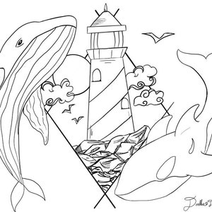 Lighthouse and whales Coloring page