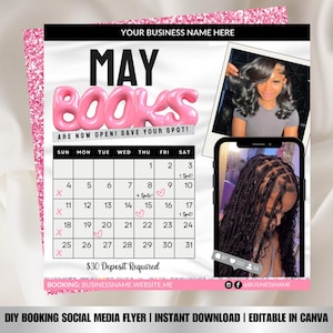 Editable May 2025 Calendar Booking Flyer | May Pink Booking Instagram Template | Appointment Flyer for Hair Makeup Lashes Nails Braids