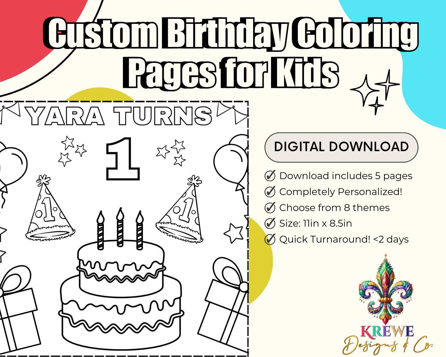 Editable Printable Birthday Coloring Pages for Kids | Themed Personalized Birthday Coloring Placemats Book | Custom Coloring Pages