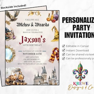 Modèle de fête d&#39;anniversaire sur le thème de l&#39;assistant modifiable | Invitation magique de fête des sorcières de Digital | Invitation d&#39;anniversaire imprimable sur le thème de la magie aquarelle