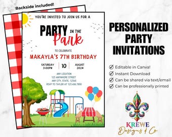 Editable Party in the Park Birthday Template | Digital Party in the Park Invitation | Printable Outdoor BBQ Barbeque Cookout Invite