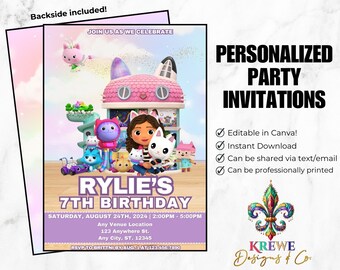 Editable Gabby&#39;s Dollhouse Birthday Invitation | Digital Playhouse Cartoon Template | Printable Rainbow Clouds Girl Birthday Party Invite