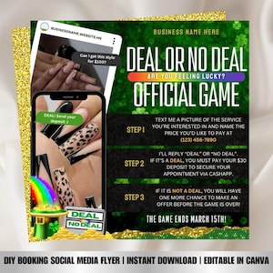 Editable Deal or No Deal St. Patrick&#39;s Theme March Booking Flyer | March Deal or No Deal Appointment Flyer for Hair Nails Lashes