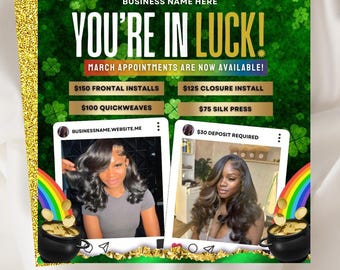 Editable March St. Patrick&#39;s Day Booking Flyer | March Booking Specials Appointment Flyer for Hair Nails Lashes