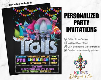 Editable Trolls Birthday Party Template | Digital Dark Trolls Kids Birthday Party Invitation | Printable Trolls Poppy Music Party Invite