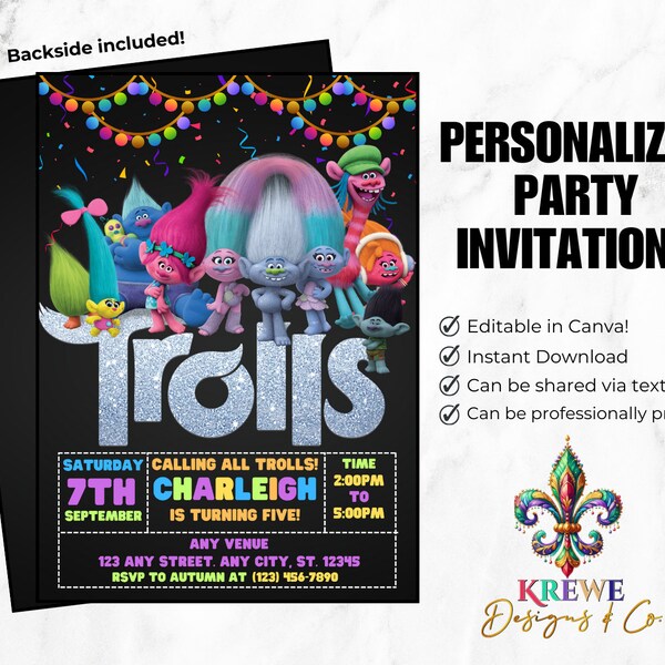 Editable Trolls Birthday Party Template | Digital Dark Trolls Kids Birthday Party Invitation | Printable Trolls Poppy Music Party Invite