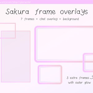 Könnte beinhalten: Eine digitale Illustration von sieben rosa und weißen Rahmen mit einem weichen Glüheffekt. Die Rahmen sind in einem Raster auf einem hellrosa Hintergrund angeordnet. Der Text "Sakura frame overlays" befindet sich oben im Bild. Der Text "7 frames + chat overlay + background" befindet sich unter dem Titel. Der Text "3 extra frames with outer glow" befindet sich unten im Bild.