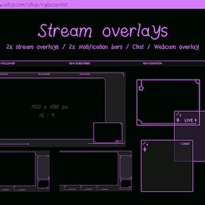 May include: A set of purple stream overlays for Twitch or YouTube. The overlays include a new follower, new subscriber, and new donation notification bar, a chat box, and a webcam overlay. The overlays are designed in a minimalist style with a 1920 x 1080 pixel resolution.