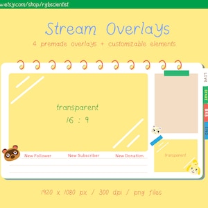 May include: A yellow background with a green border. A white notebook with a green border and rounded corners. The notebook has a green tab with the text "LIVE START BRB END". The notebook has a transparent background with the text "transparent 16:9". The notebook has a white line with the text "New Follower New Subscriber New Donation transparent". The notebook has a yellow background with the text "1920 x 1080 px / 300 dpi / png files".