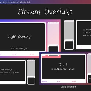 May include: A digital illustration of four different stream overlay designs. The overlays are white with a black background. The overlays are labeled "Light Overlay", "Plain overlay with transparent background", "Dark Overlay", and "2x Overlay + chat & webcam overlay". The overlays are designed for use on Twitch, YouTube, or other streaming platforms.