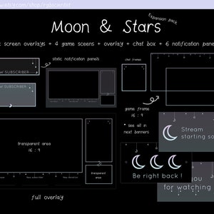 Luna moon & starry sky pack / 3x screen overlays / 4x game frames / 1x full overlay / 2x chat box / 6x static alert panels / extras