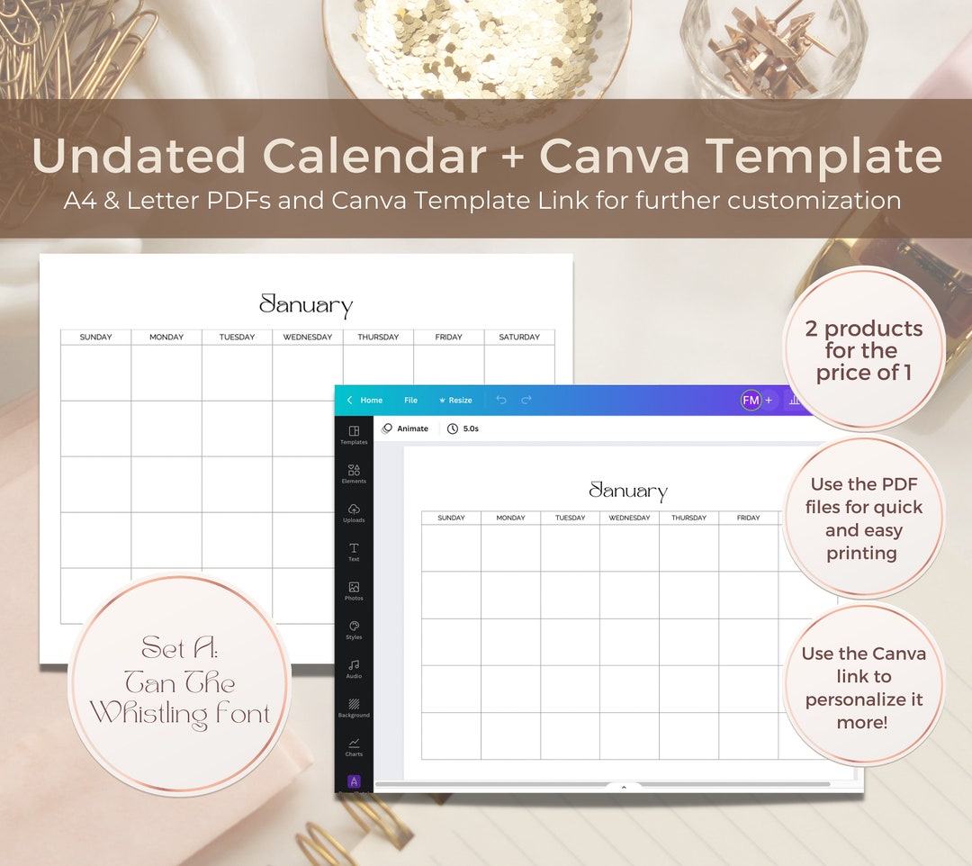 Canva Calendar Template, Blank Monthly Calendar, Undated Calendar