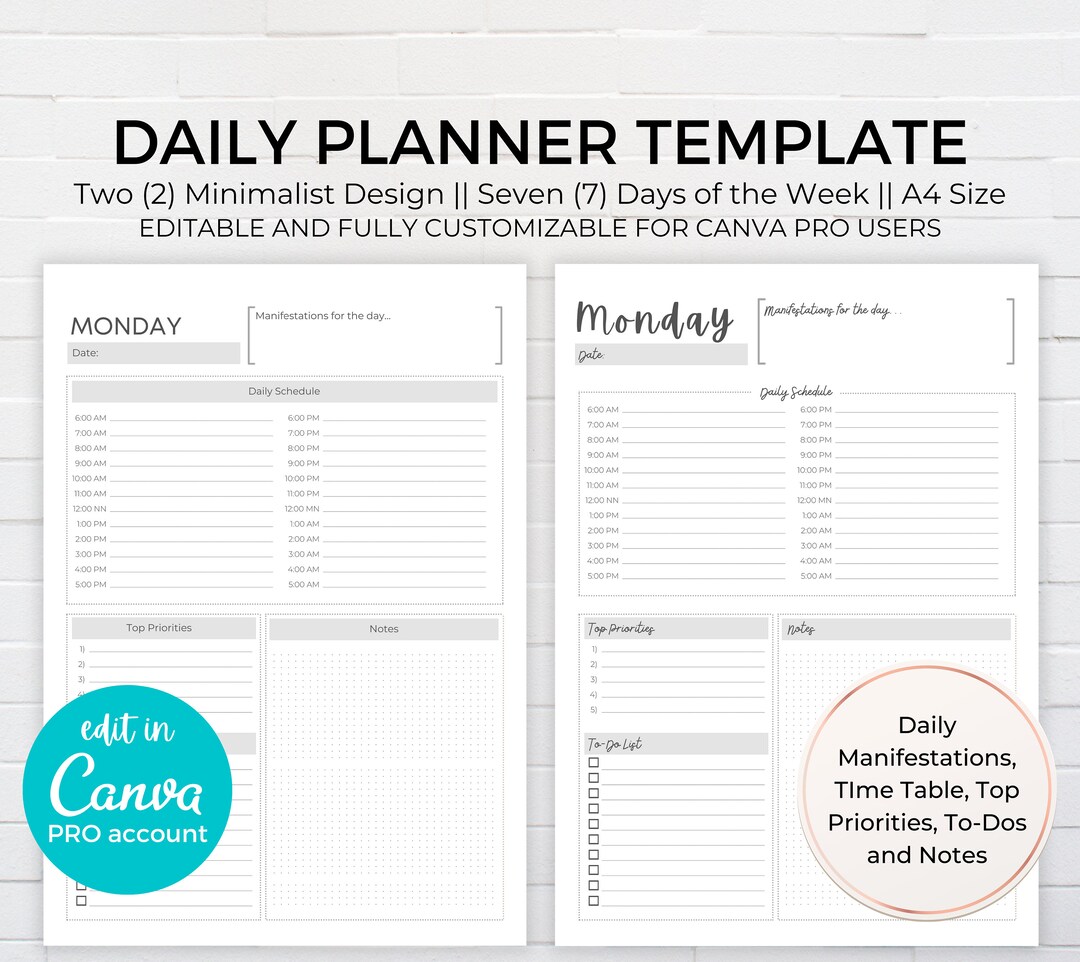Daily Planner Template Canva, A4 Planner Pages, Canva Template ...
