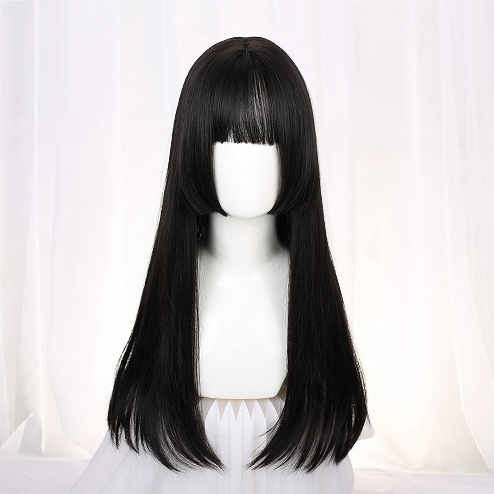 Black Wig With Bangs Hime Cut Wig Long Straight Wigs Etsy