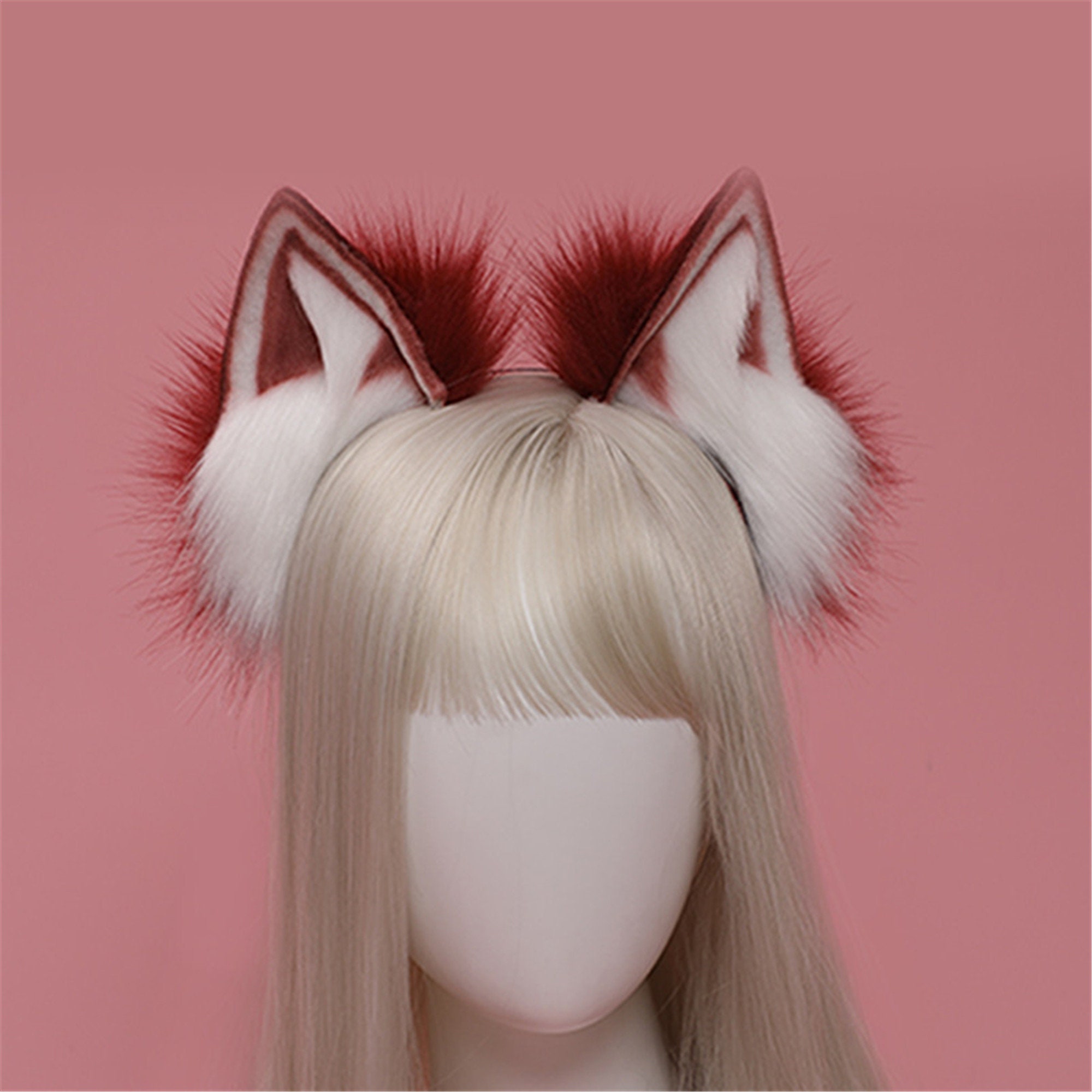 Red and Black goth cat ears with detachable bows faux fur realistic cat