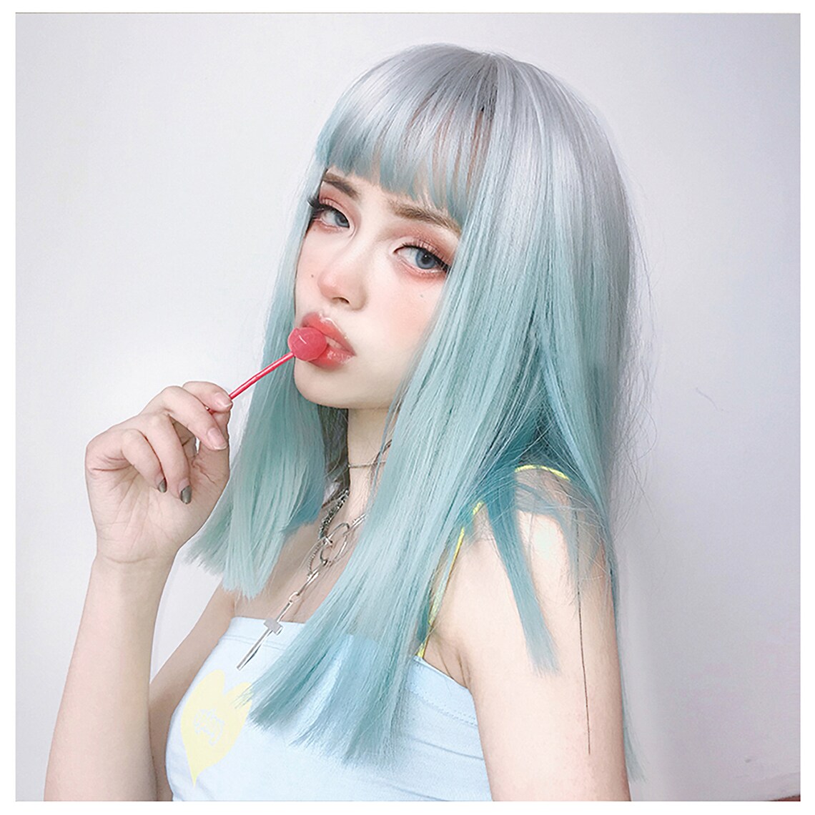 Blue Wig With Bangs Cyan Wig Human Hair Straight Wigs Cos Etsy