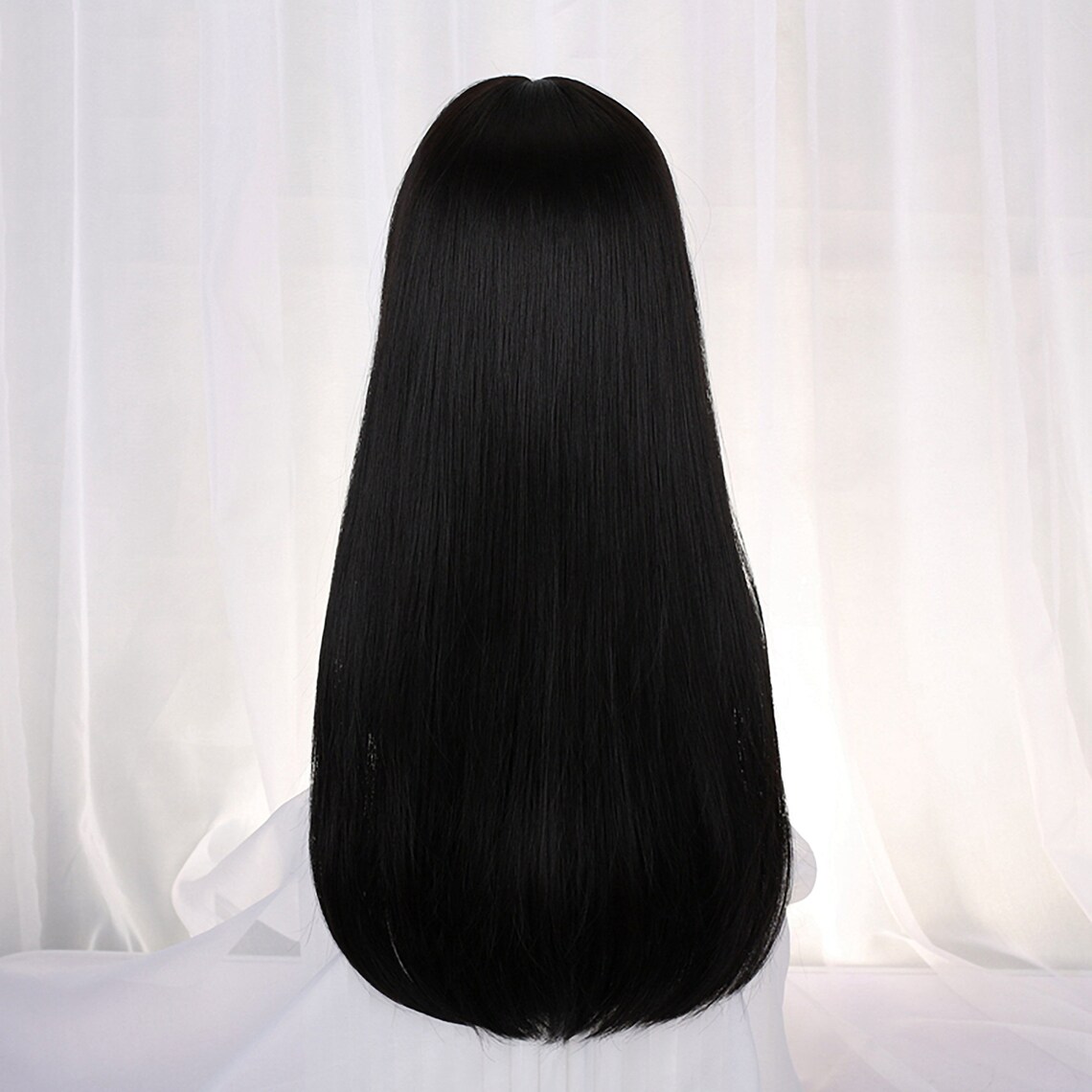 Black Wig With Bangs Hime Cut Wig Long Straight Wigs Etsy