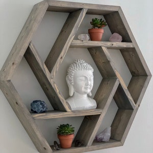 Handcrafted Wood Spiral Hexagon Shelf - floating shelf Unique Display shelf for crystals essential oils succulents pictures