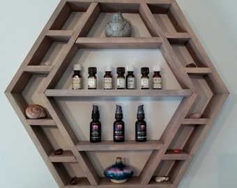 Large Hexagon Wall shelf - Custom Handcrafted Crystal Display - Essential Oils - Shop Display - Unique Bohemian Wall Décor