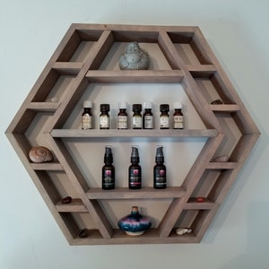 Large Hexagon Wall shelf - Custom Handcrafted Crystal Display - Essential Oils - Shop Display - Unique Bohemian Wall Décor