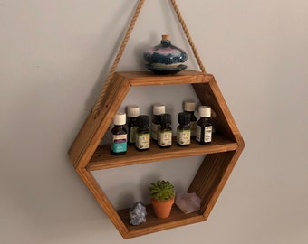 Hanging Hexagon Honeycomb wood wall shelf -  Essential oil display shelf - Crystals - succulents - photo shelf