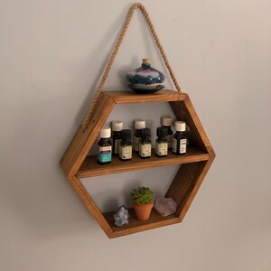 Hanging Hexagon Honeycomb wood wall shelf -  Essential oil display shelf - Crystals - succulents - photo shelf