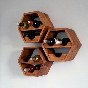 Wood Wine Rack Kitchen Décor - Honeycomb/hexagon Wine Storage - Set of 3 - Unique Gift Custom Handcrafted