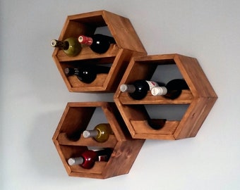 Wood Wine Rack Kitchen Décor - Honeycomb/hexagon Wine Storage - Set of 3 - Unique Gift Custom Handcrafted