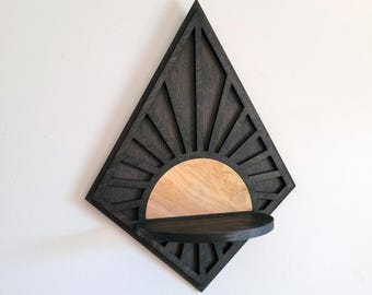 Floating Diamond sunshine Wood wall shelf with backer - wall décor - accent shelf plant shelf crystal display succulent shelf- contrasting