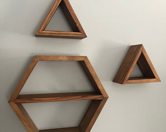 Hexagon Honeycomb Triangle Diamond 3 piece Wood wall shelf - wall décor - Floating shelf