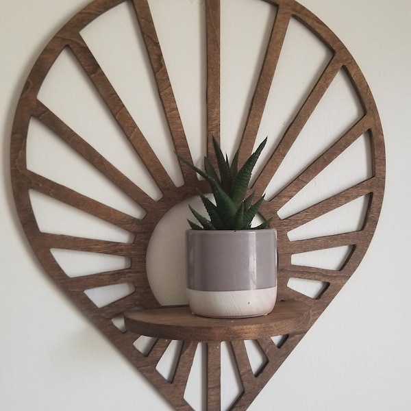 Floating Sun Teardrop shaped wood wall shelf - Accent shelf plant shelf wall décor crystal display shelf