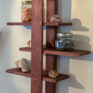 May include: A dark brown wooden wall shelf with four shelves. The shelves are arranged in a staggered pattern. There are seashells and jars on the shelves.