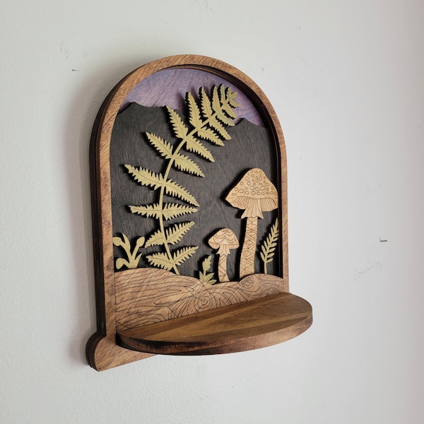 layered mushroom shelf - wall decor- wall hanging- cottage core - shroom- forest - crystal display - forest decor- display shelf- fungus