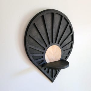 Floating Sun Teardrop shaped wood wall shelf with backer- Accent shelf plant shelf wall décor crystal display shelf-contrast