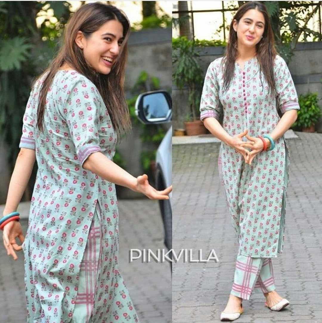 Sara Ali Khan Inspired Cotton Slub Kurta Pant Set Casual Wear - Etsy UK
