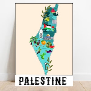 Impresión del mapa azul de Palestina Regalo para el Ramadán Mapa ilustrado de Palestina Impresión digital Regalo palestino Decoración de pared con mapa islámico Impresiones para guardería