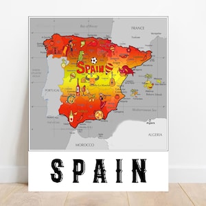 Spain flag map print illustrated map of Spain Printable nursery decor Spain poster Modern wall map print Spanish gift decor Espana map print