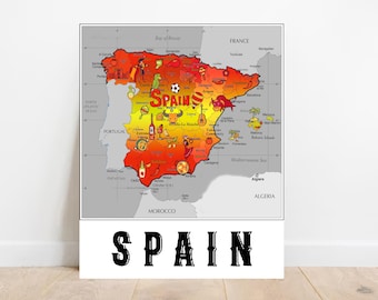 Drapeau de l'Espagne, carte illustrée de l'Espagne, décoration imprimable pour chambre de bébé, affiche de l'Espagne, impression de carte murale moderne, impression de carte cadeau espagnole, impression de carte d'Espagne