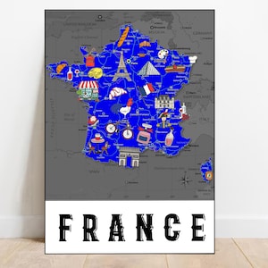 Frankreich illustrierte Karte Druck Blaue Frankreich Karte Plakat Druckbare Karte von Frankreich Geschenke Herunterladbare Karte Französische Karte Kinderzimmer druckt Kinderzimmer Dekor