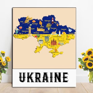 Vlag van Oekraïne afdrukken digitale afdrukbare kaart van Oekraïne geïllustreerde kaart speelkamer decor Oekraïne klas kaart kinderkamer wordt afgedrukt Oekraïense geschenken