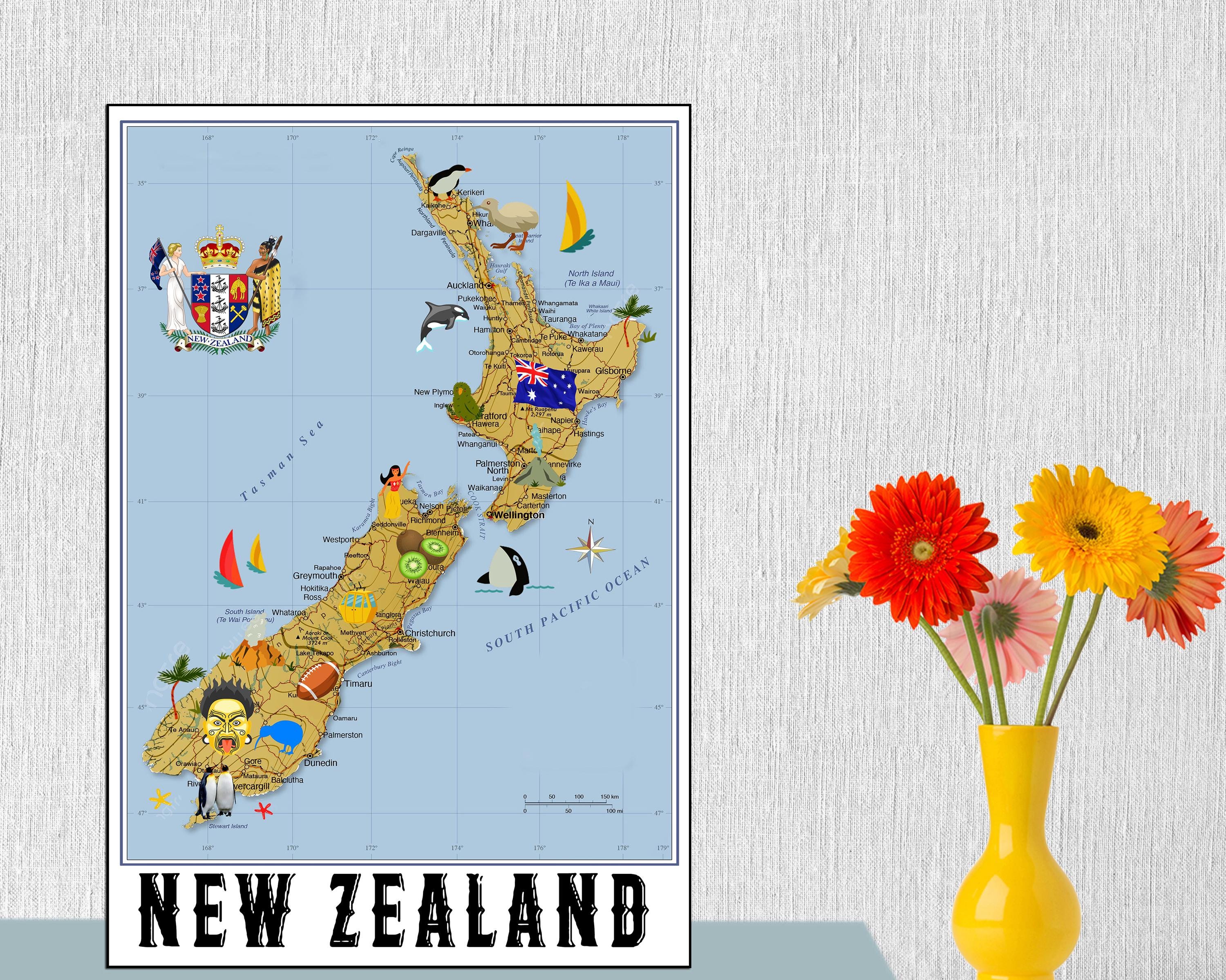 Map of New Zealand Printable New Zealand Map Print Illustrated NZ Map Print Digital NZ Travel ...