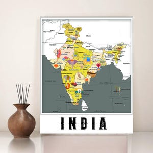 Carte illustrée de l'Inde, impression numérique de la carte de l'Inde, affiche imprimable de la carte de l'Inde, carte de la chambre des enfants, décoration de la carte, impression des cadeaux de la classe indienne