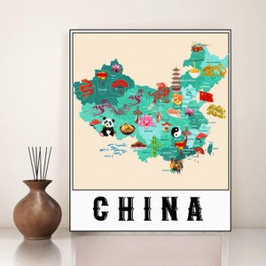 Blaue chinesische Karte von China, illustrierte Landkarte von China, druckbare Karte für Kinderzimmer, chinesische Karte für Kinderzimmer, chinesische Karte für Kinderzimmer