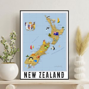 Kaart van Nieuw-Zeeland afdrukbare Nieuw-Zeeland kaart afdrukken geïllustreerde NZ kaart afdrukken digitale NZ reisposter Nieuw-Zeeland kunst geschenken Housewarming cadeau